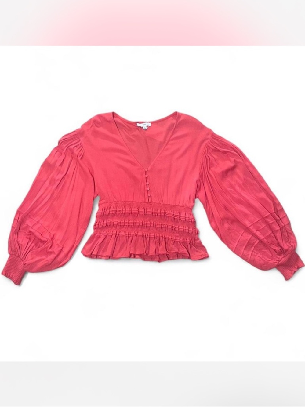 Fate Pink Puff-Sleeve Smocked Waist V-Neck Blouse
